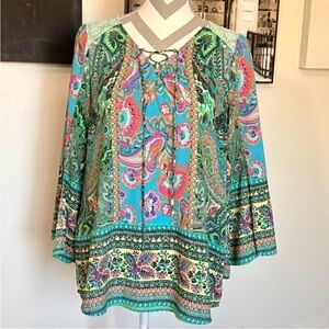 Anthropologie Fig & Flower Shades of Blue and Green Boho Top EUC Sz Lg Ret $120